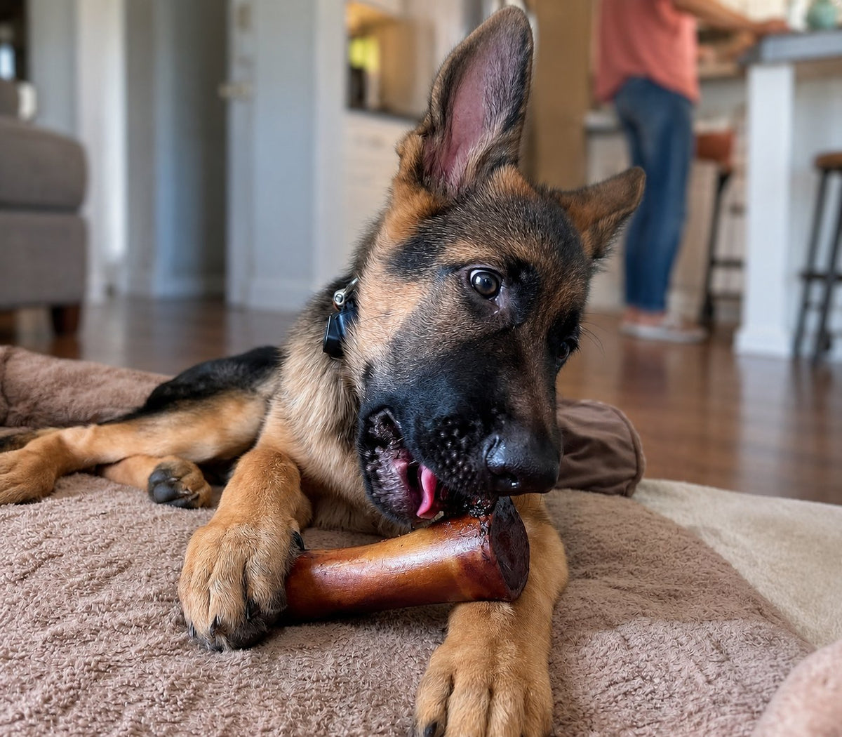 German Shepherd lying indoors with a marrow bone between its front paws.