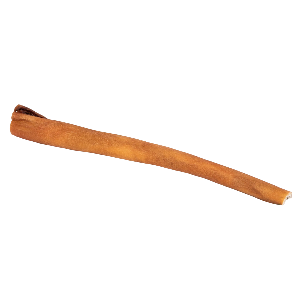Side view of a split beef cheek stick showcasing its long chew shape with a transparent background