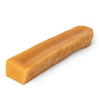 Front view of medium Himalayan yak cheese chew dog treat showing firm, textured tan chew on white background