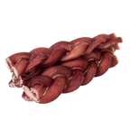 Close-up of Premium Braided Bully Sticks showcasing tightly braided brown texture on transparent background