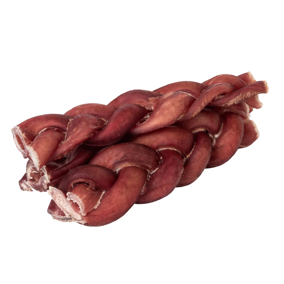 Close-up of Premium Braided Bully Sticks showcasing tightly braided brown texture on transparent background