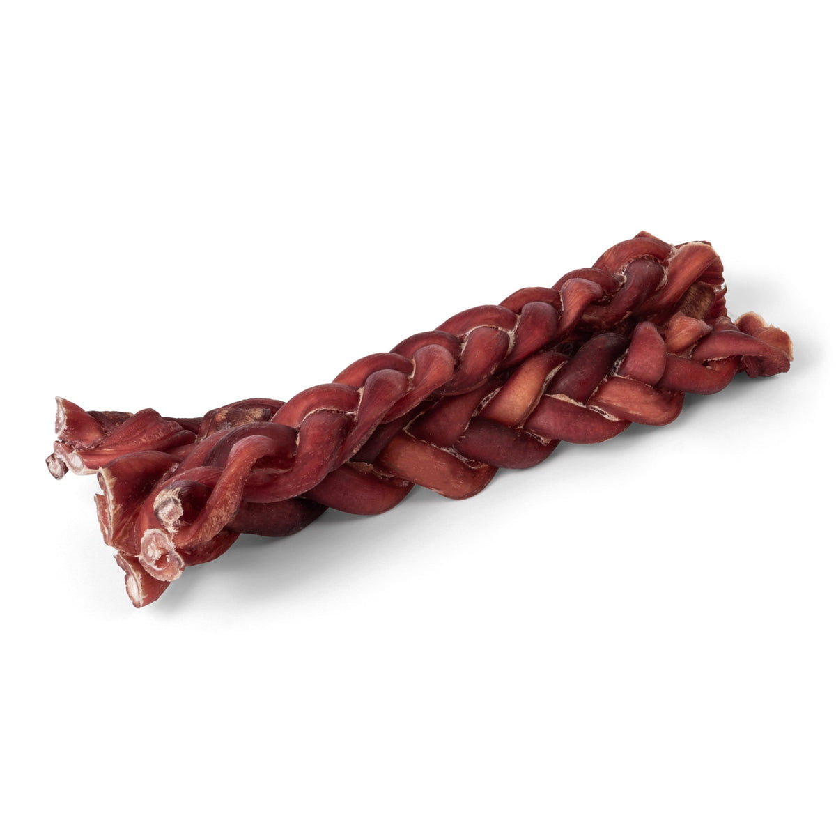 Close-up of 12-inch braided bully sticks showcasing braided texture and natural beef color on white background