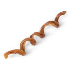 Angled view of 9-12 inch premium spiral bully stick showcasing spiral twist and meaty baked texture on white background