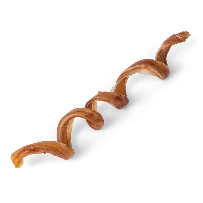 Angled view of 9-12 inch premium spiral bully stick showcasing spiral twist and meaty baked texture on white background