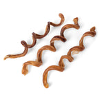 Top-down view of three 9 to 12 inch premium spiral bully sticks showcasing twisted spiral shape and meaty texture on a white background