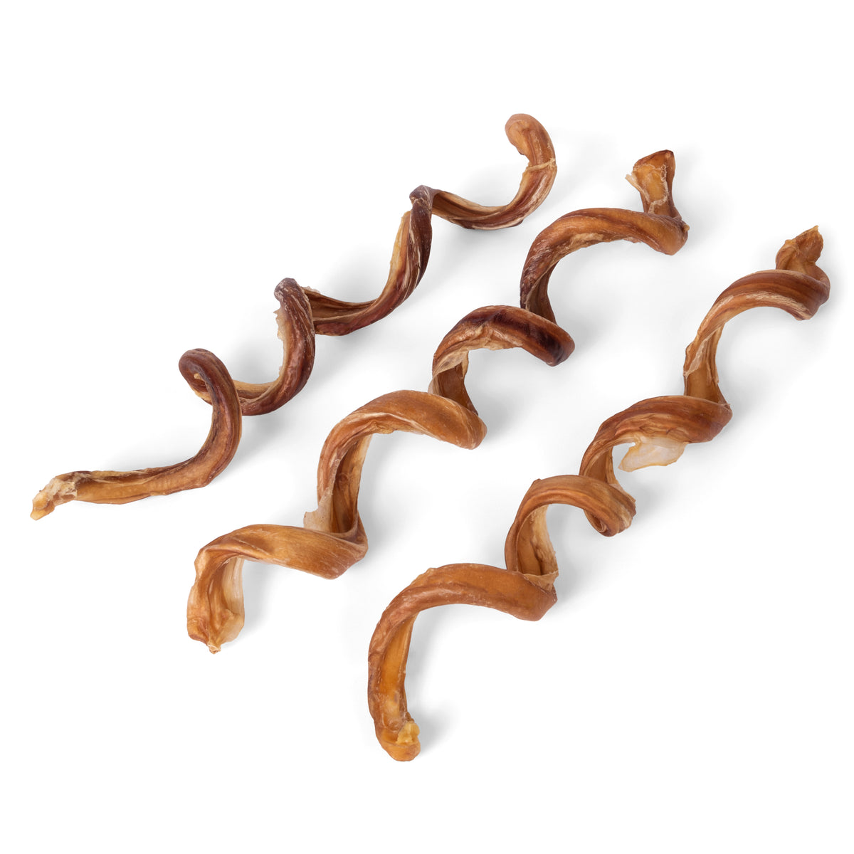 Top-down view of three 9 to 12 inch premium spiral bully sticks showcasing twisted spiral shape and meaty texture on a white background