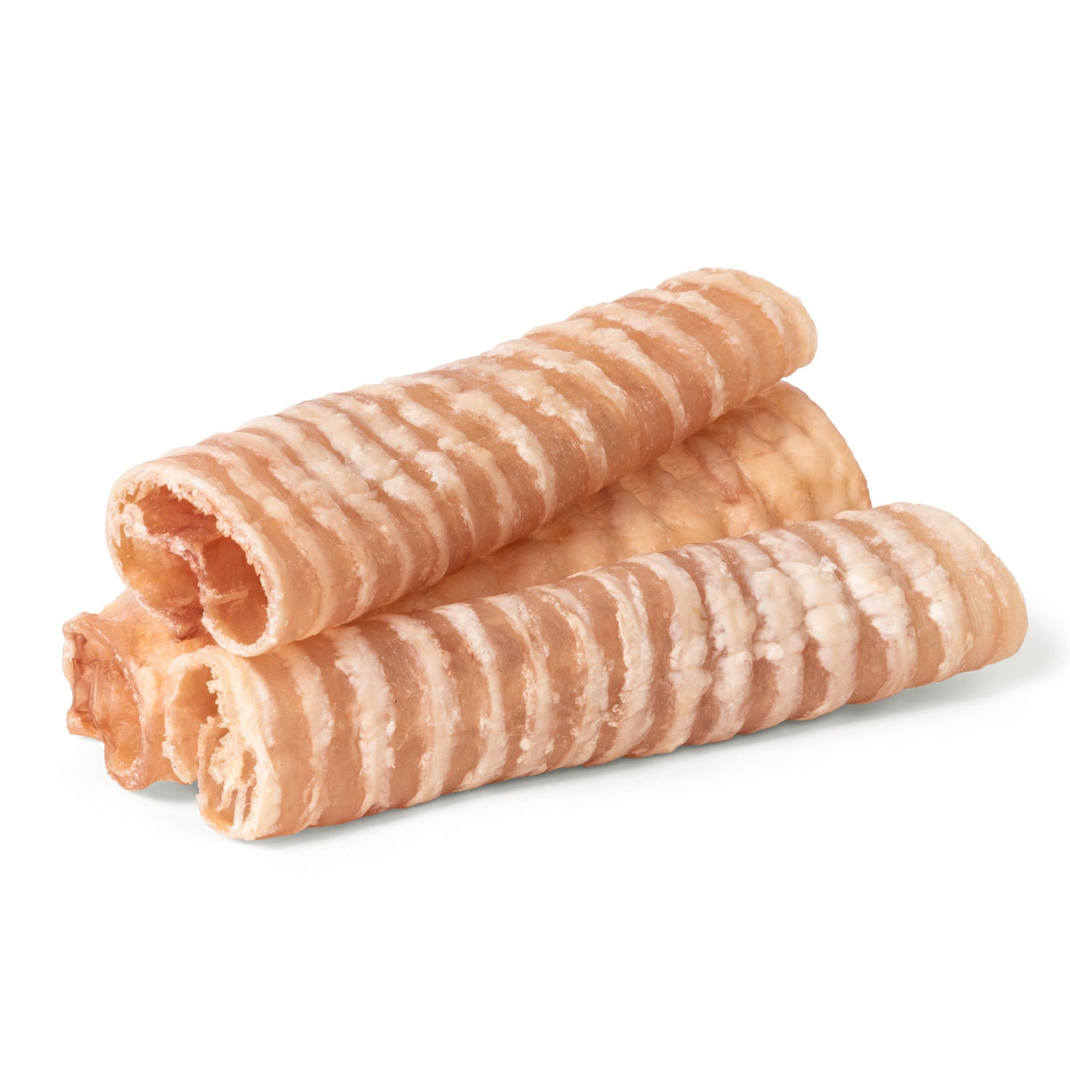 Three stacked 6-inch beef trachea chews showcasing ribbed tubular texture on a white background