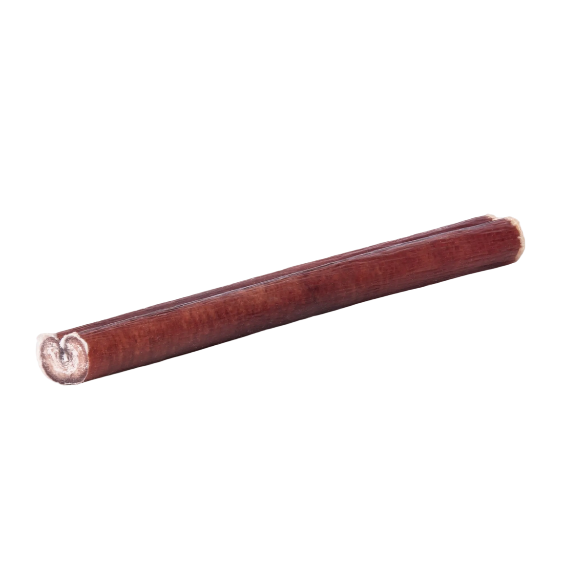 Side view of a 6-inch regular bully stick showcasing its baked texture with a plain background