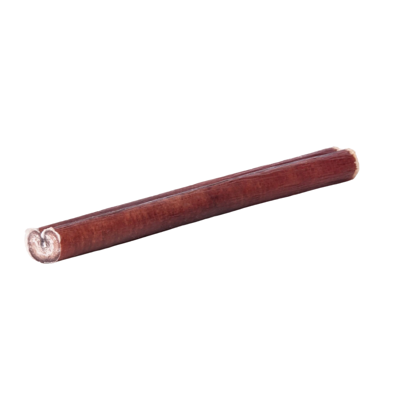 Side view of a 6-inch regular bully stick showcasing its baked texture with a plain background