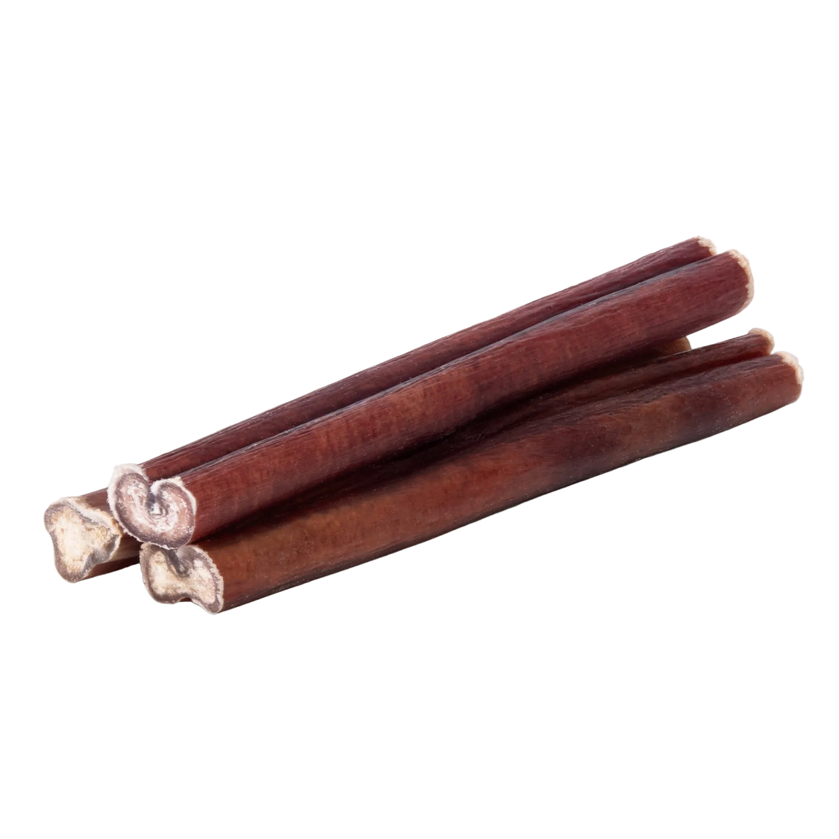 Angled view of regular 6-inch bully sticks showcasing baked brown texture on white background