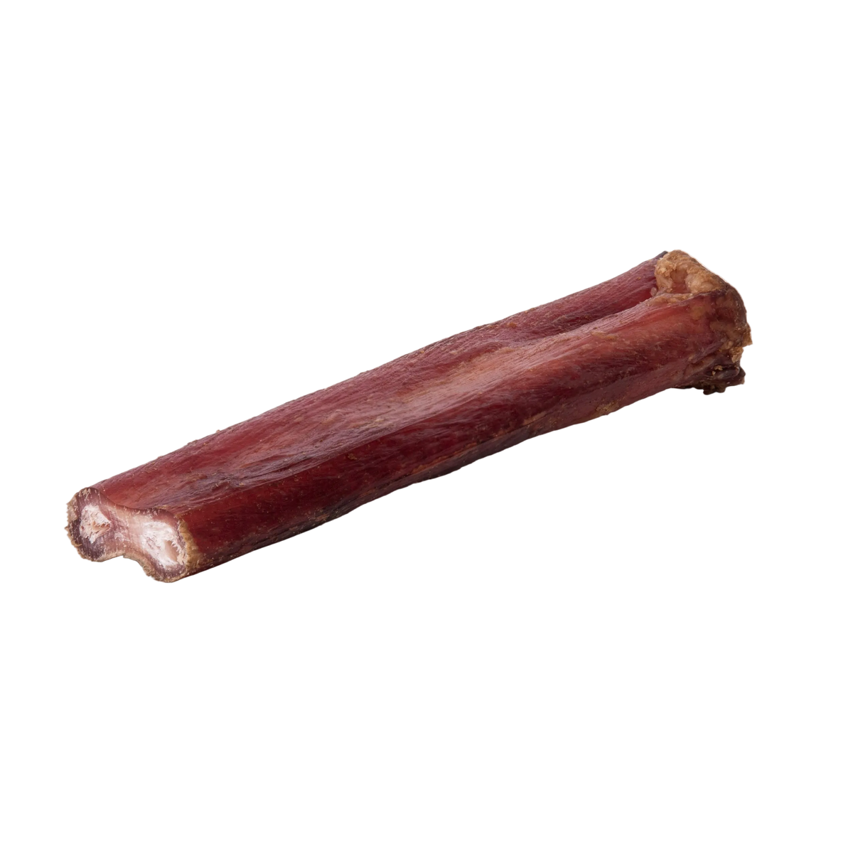 Angled view of a 5 to 7 inch American jumbo smoked bully stick showcasing its smoked texture on a black background