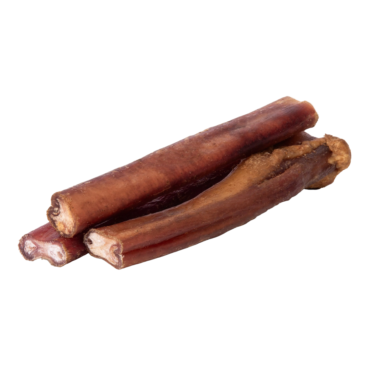 Angled view of 5–7 inch American Jumbo Smoked Bully Sticks showcasing their twisted brown texture on a plain background