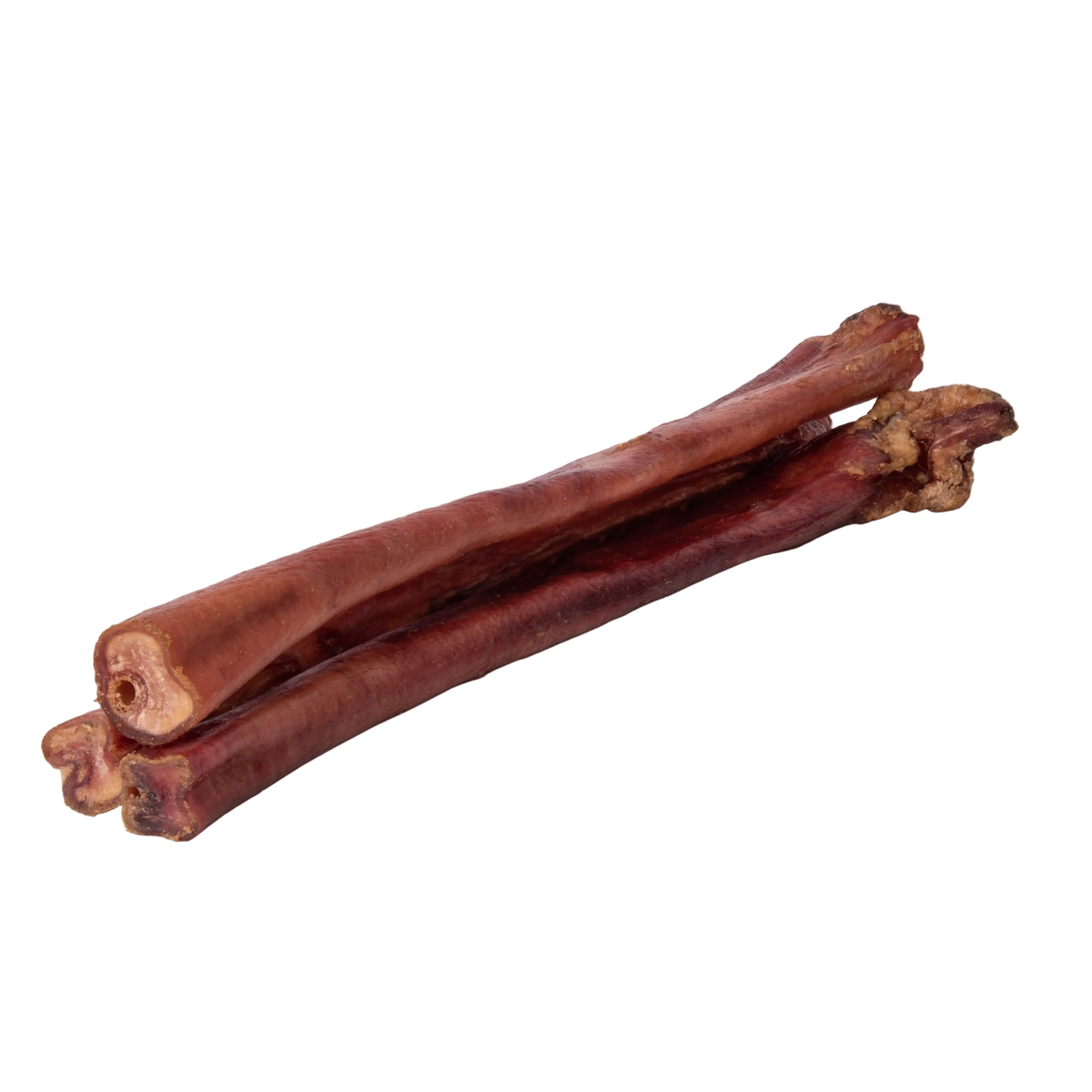Angled view of 10 to 12 inch American jumbo smoked bully sticks showcasing their brown color on a transparent background