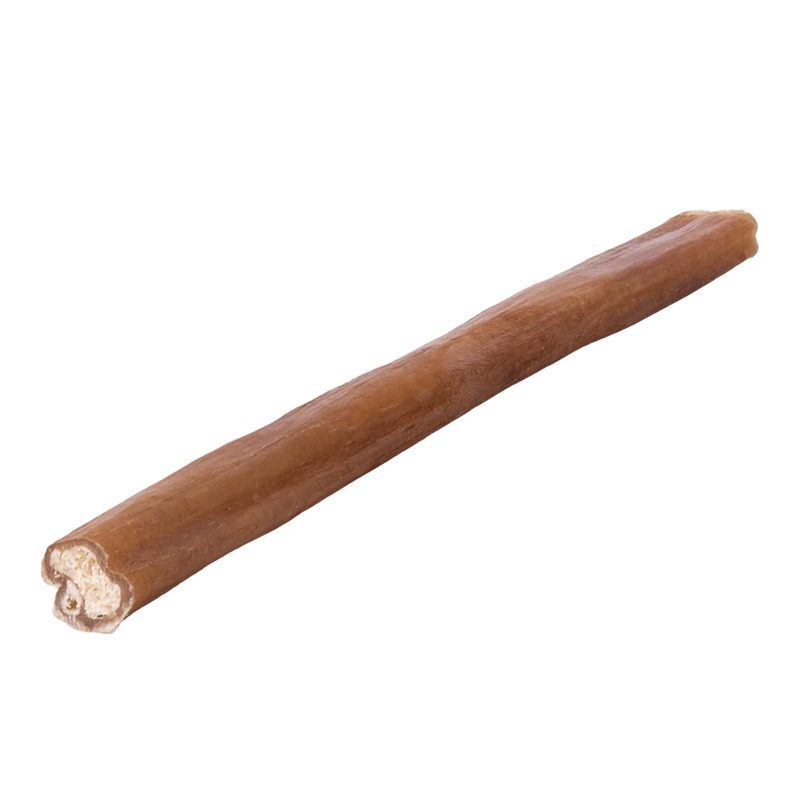 Angled view of a thin bully stick dog treat showing its brown textured surface on a transparent background