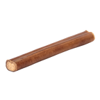 Angled view of a hickory smoked bully stick showcasing its cylindrical shape and cut end on a plain background