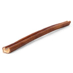 Angled close-up of two 12-inch Hickory Smoked Bully Sticks showing smoked brown exterior and exposed inner core on white background