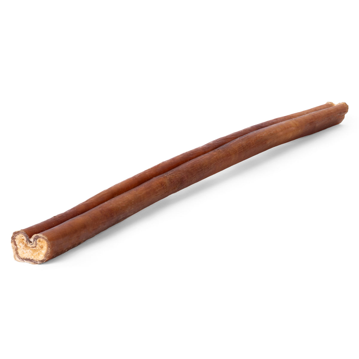 Angled close-up of two 12-inch Hickory Smoked Bully Sticks showing smoked brown exterior and exposed inner core on white background