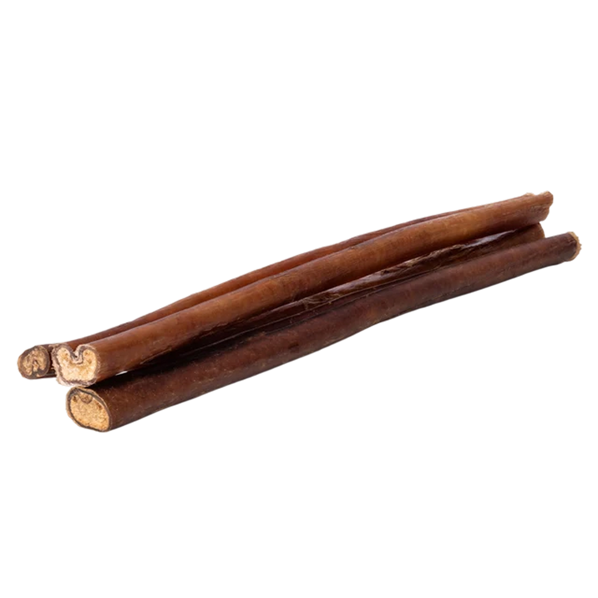 Angled view of Hickory Smoked Bully Sticks showcasing three brown chew sticks with a transparent background