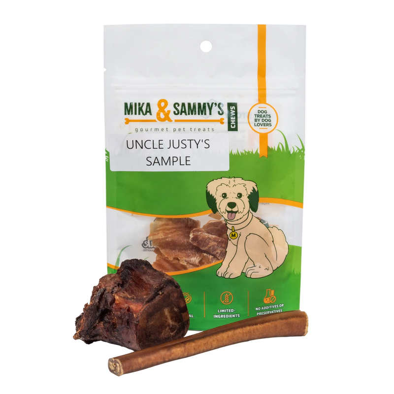 Front view of The Gourmet Sample Pack showcasing a treat bag with jerky treats and a chew stick on a transparent background
