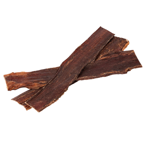 Three-quarter view of Beef Gullet Jerky Strips showcasing flat dried beef esophagus chews on a dark background