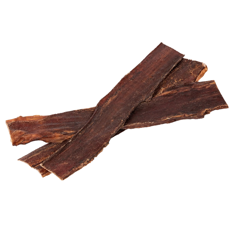 Three-quarter view of Beef Gullet Jerky Strips showcasing flat dried beef esophagus chews on a dark background