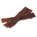 Top-down view of three 6-inch beef gullet jerky strips showing smoked, flat dried texture on white background
