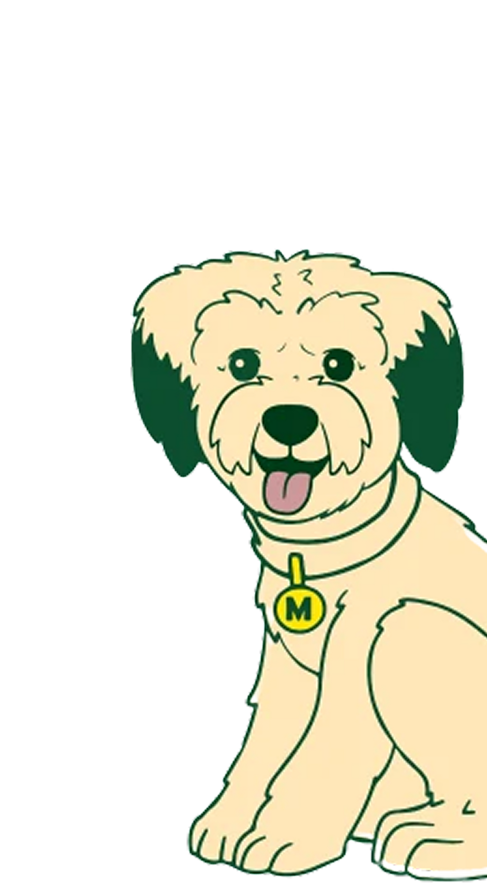 Cheerful seated dog mascot wearing a collar tag marked M