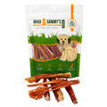 Front view of Beef Protein Sticks 12 Count showcasing packaged chews and loose beef sticks on a white background