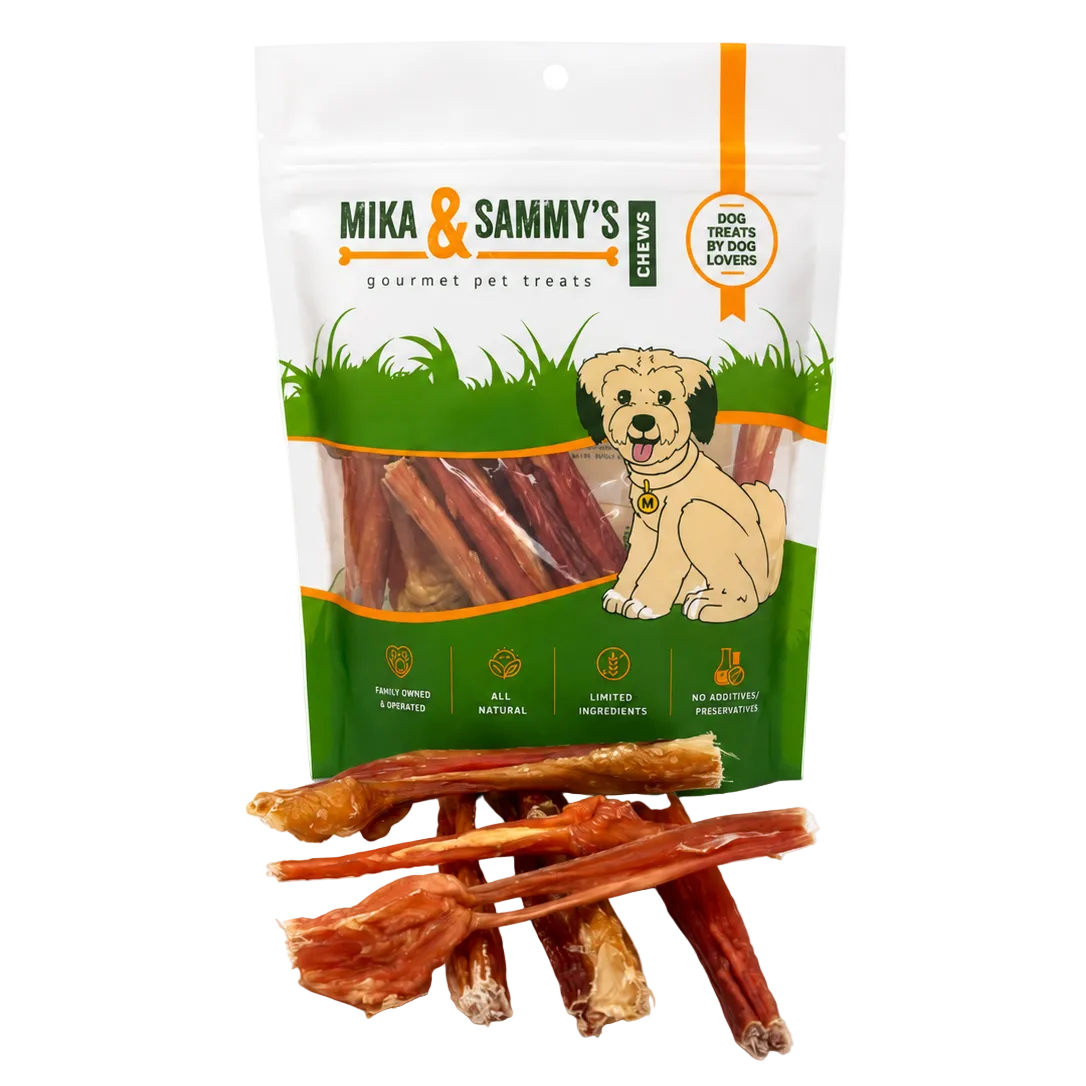 Front view of Beef Protein Sticks 12 Count showcasing packaged chews and loose beef sticks on a white background
