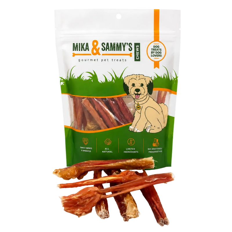 Front view of Beef Protein Sticks 12 Count showcasing packaged chews and loose beef sticks on a white background