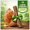 Close-up of two smoked dog chews tied with a green bow, Lucky Chews banner: 2 random chews, shamrock background