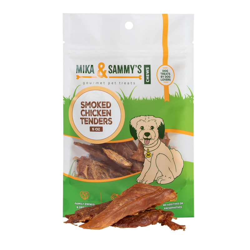 Front view of Smoked Chicken Jerky Tenders bag showcasing smoked chicken strips and 5 oz package on a white background