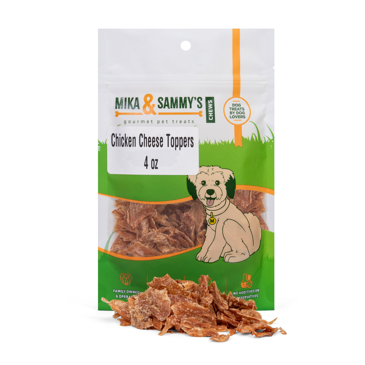 Close-up of chicken and cheese jerky toppers showing shredded treat pieces on a white background