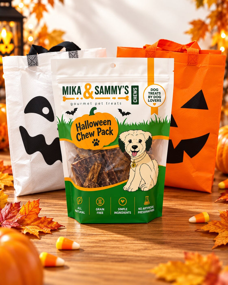 Front view of Halloween 1 LB Chew Pack pouch showing dog chews through a clear window with Halloween decorations