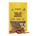 Front view of Kiss Me Fresh Breath dog treats showcasing dehydrated chicken breast jerky treats in a yellow package