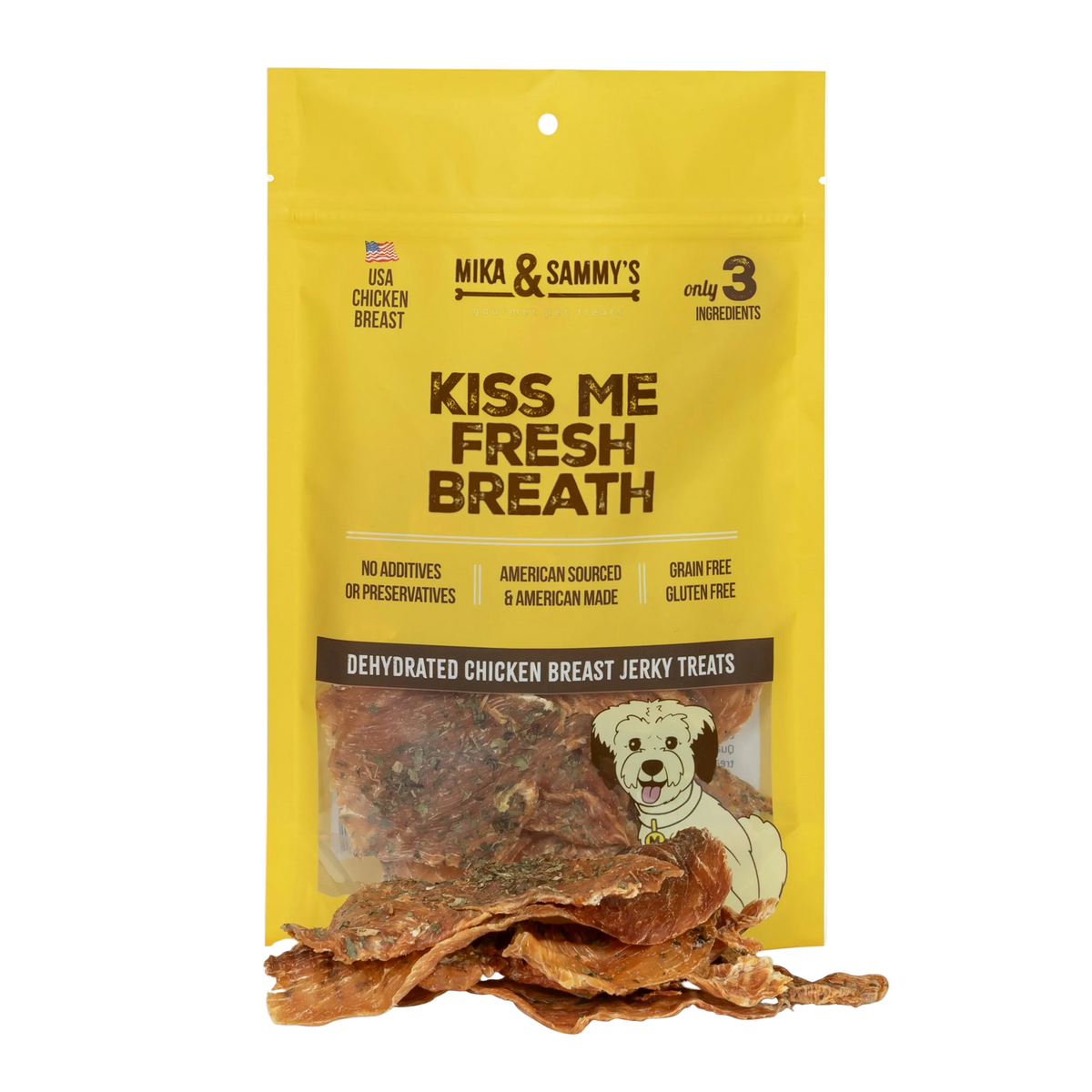 Front view of Kiss Me Fresh Breath dog treats showcasing dehydrated chicken breast jerky treats in a yellow package
