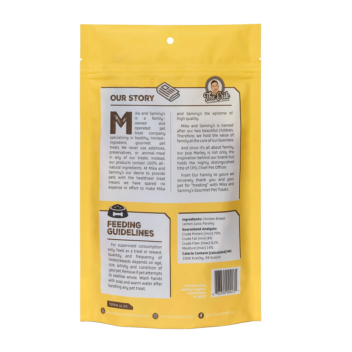 Back view of Kiss Me Fresh Breath treat bag showing feeding guidelines, ingredients, and nutrition facts