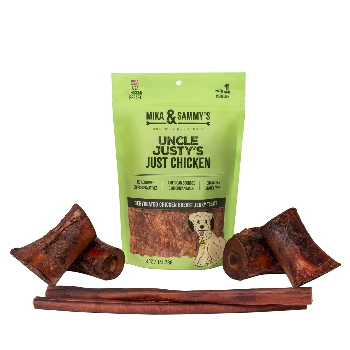 Front view of Medium Dog Summer Treat Bundle showcasing a green chicken jerky bag and assorted dog chews on a transparent background