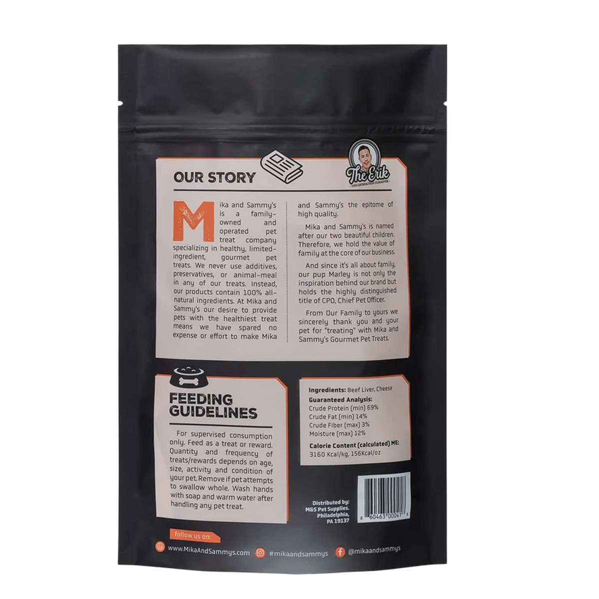 Back view of Philly Beef Cheesesteak treat package showcasing its story, feeding guidelines, ingredients, and barcode on a black background