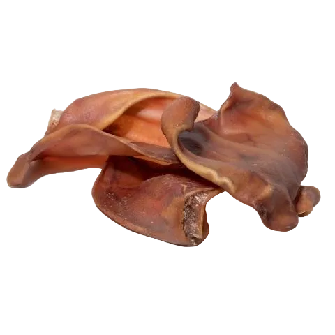 Close-up of dried pig and natural cow ears from the Two Ear Combo on a transparent background