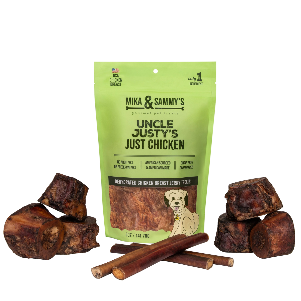 Front view of Summer Treat Bundle showcasing a green treat pouch with assorted dog treats on a white background