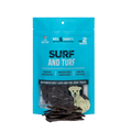 Front view of Surf and Turf dog treats showcasing blue packaging with beef liver and fish jerky treats on black background
