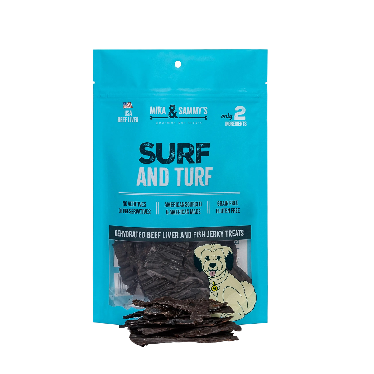 Front view of Surf and Turf dog treats showcasing blue packaging with beef liver and fish jerky treats on black background