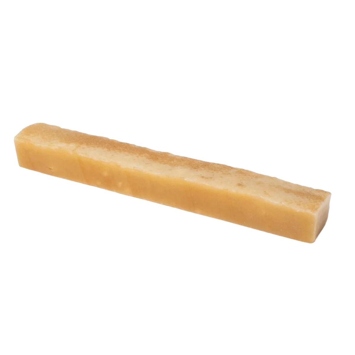 Side view of Himalayan yak cheese chew dog treat showcasing its long rectangular shape on a transparent background