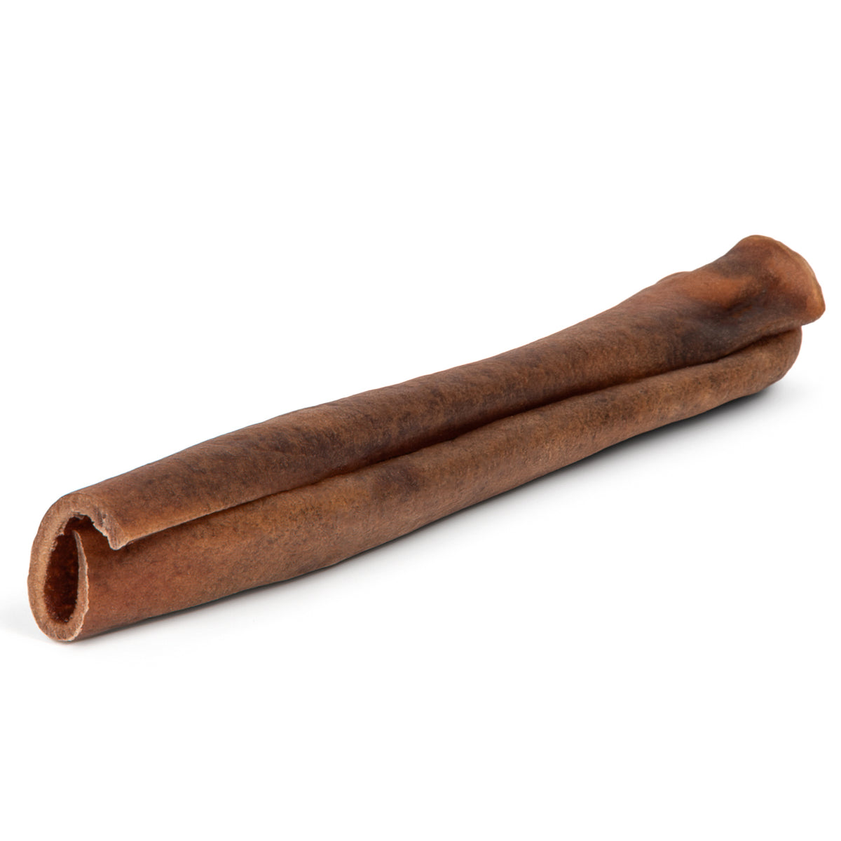Angled view of 12-inch Monster Beef Cheek stick showcasing rolled beef cheek texture and hollow center on white background