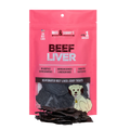 Front view of Beef Liver dog treats showcasing the pink package and dehydrated beef liver jerky treats on a black background