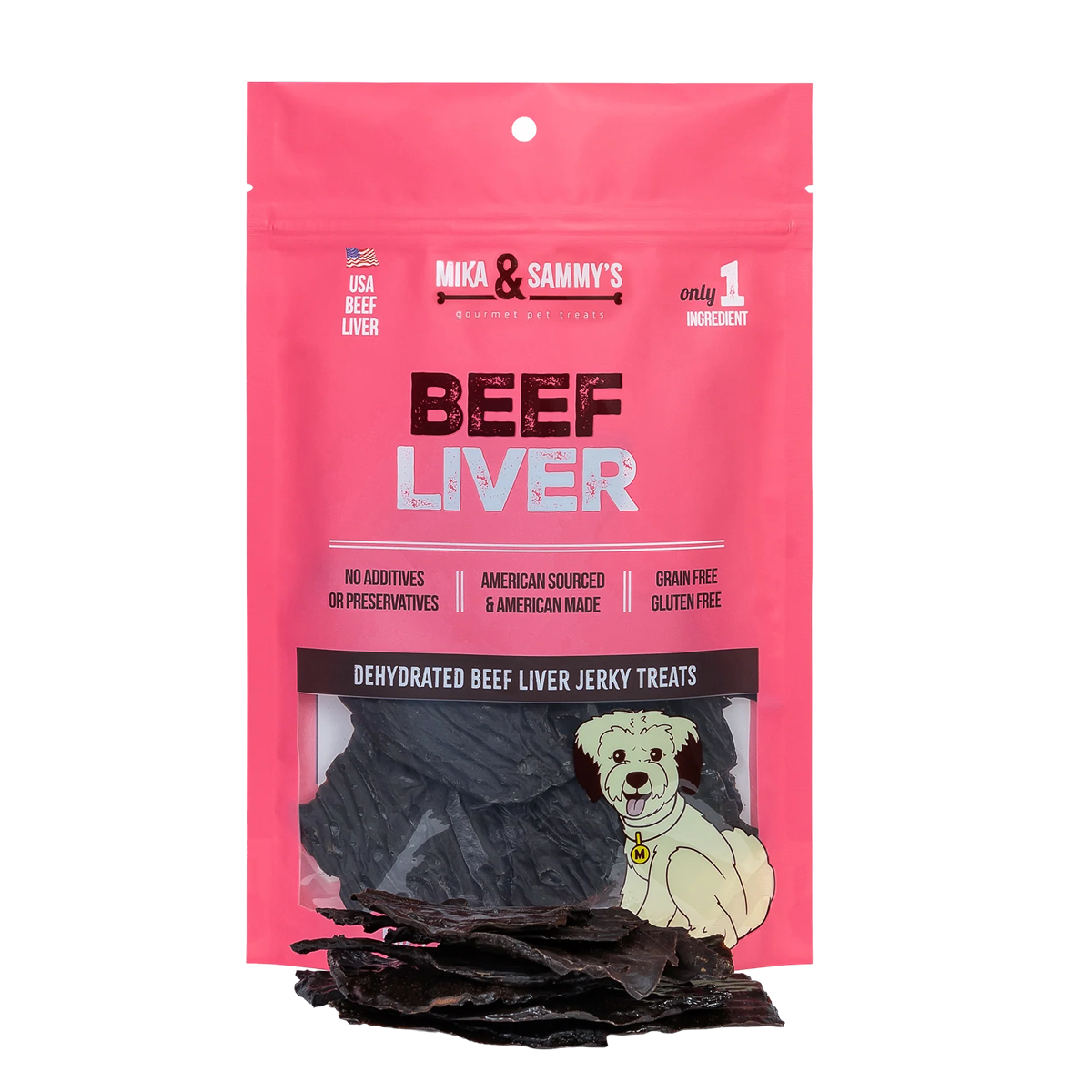 Front view of Beef Liver dog treats showcasing the pink package and dehydrated beef liver jerky treats on a black background