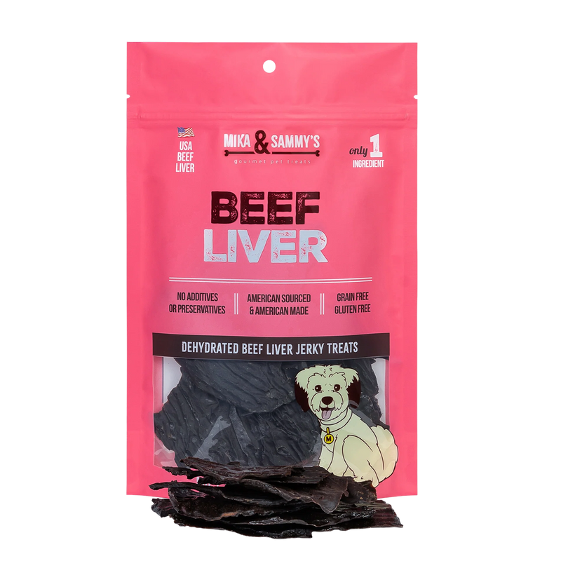 Front view of Beef Liver dog treats showcasing the pink package and dehydrated beef liver jerky treats on a black background