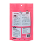 Back view of Beef Liver dog treats showcasing feeding guidelines and ingredient details on a pink package