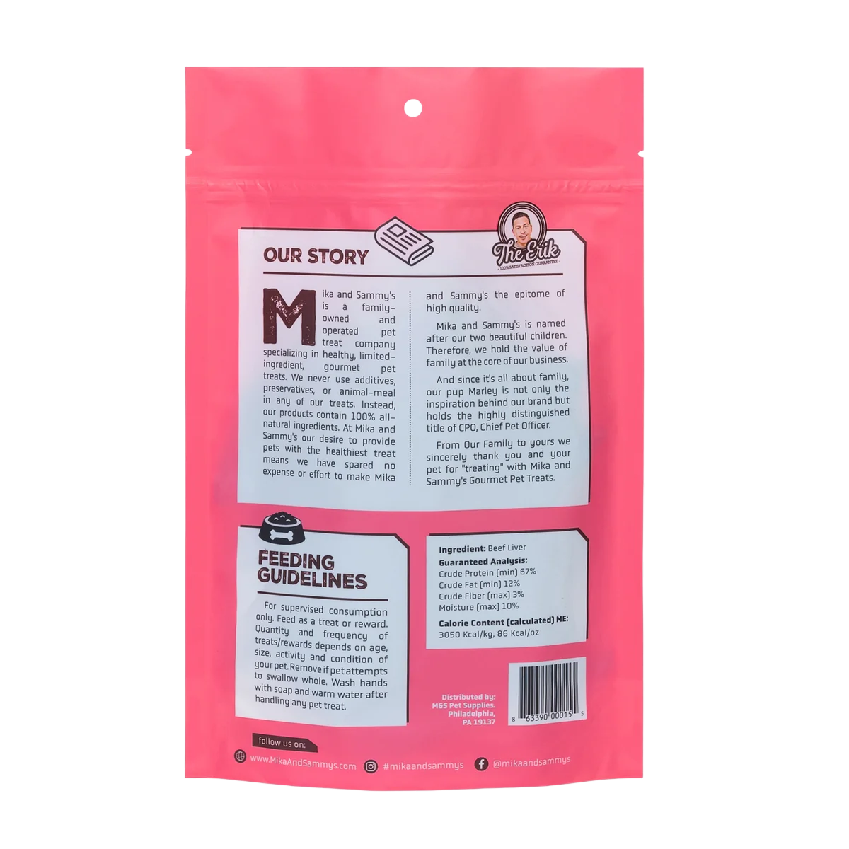 Back view of Beef Liver dog treats showcasing feeding guidelines and ingredient details on a pink package